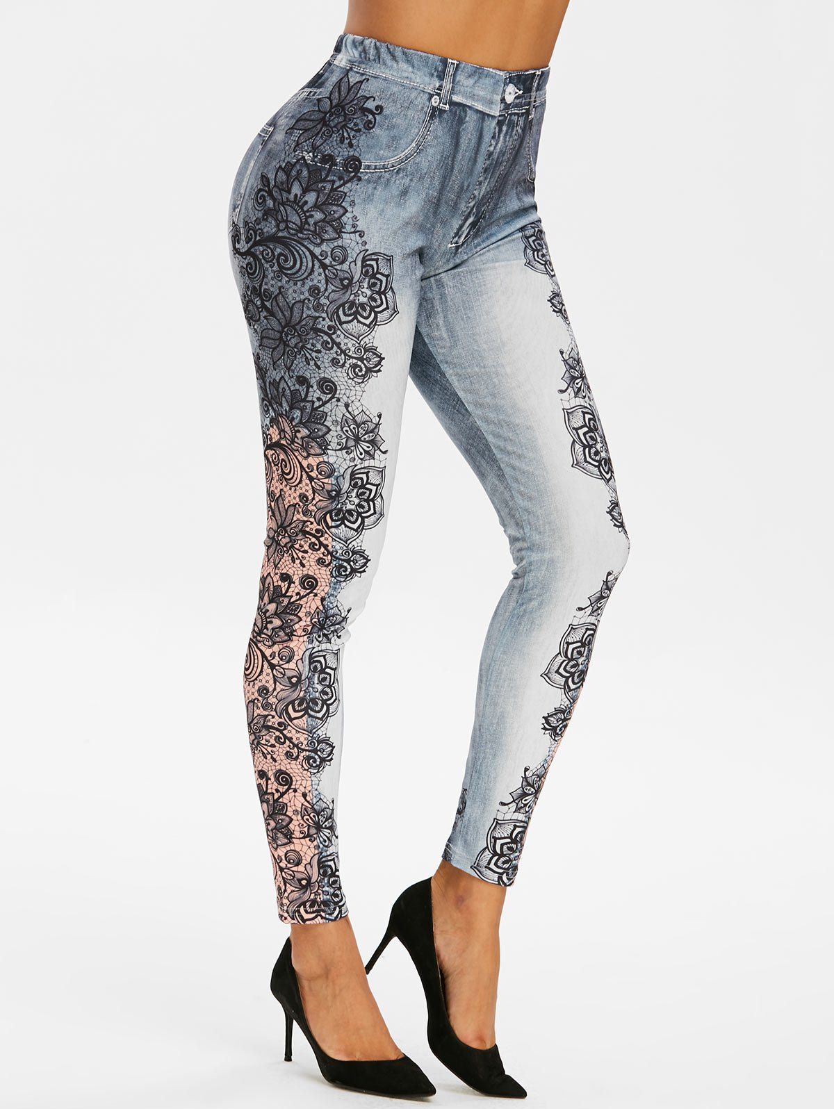 

High Rise Flower 3D Jean Print Jeggings, Gray