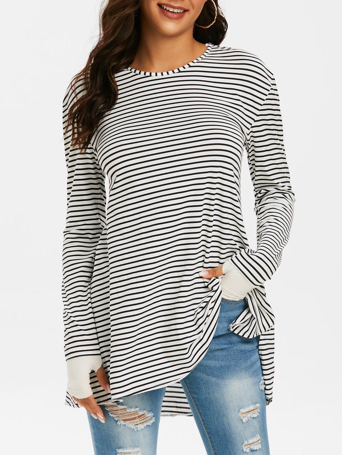 

Striped Stepped Hem Side Slit Thumb Hole Long Sleeve Top, White