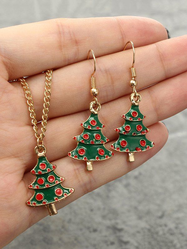 

Christmas Tree Pendant Necklace Earrings Suit, Golden