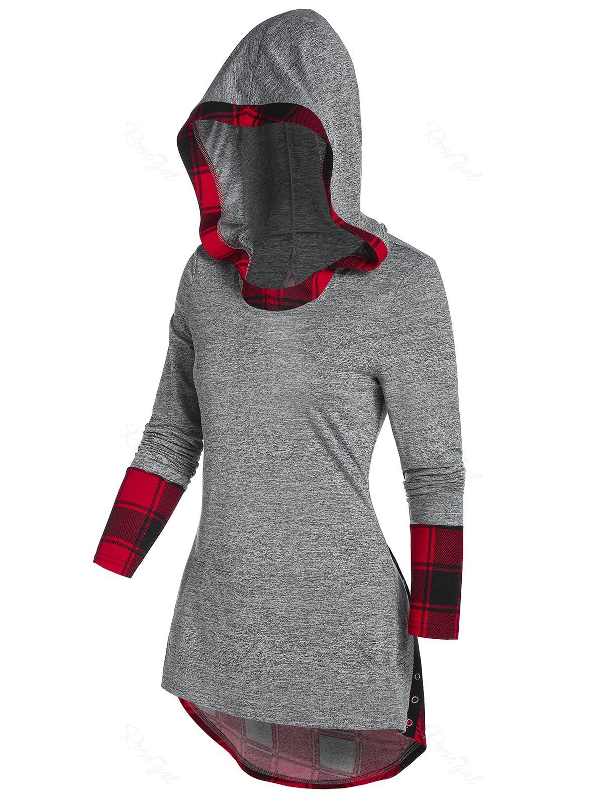 Fancy Plaid Insert Lace Up High Low Hoodie  