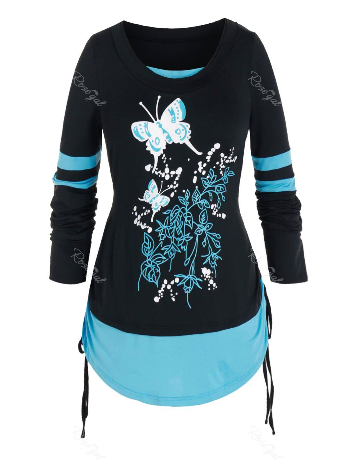 

Plus Size Butterfly 2 In 1 Cinched Curved Hem Tee, Black