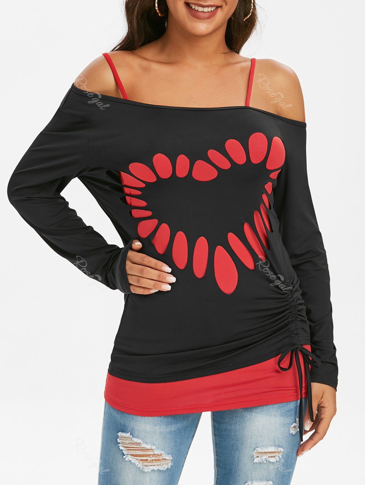 Best Skew Collar Laser Cut Cinched Long Sleeve Top with Camisole  