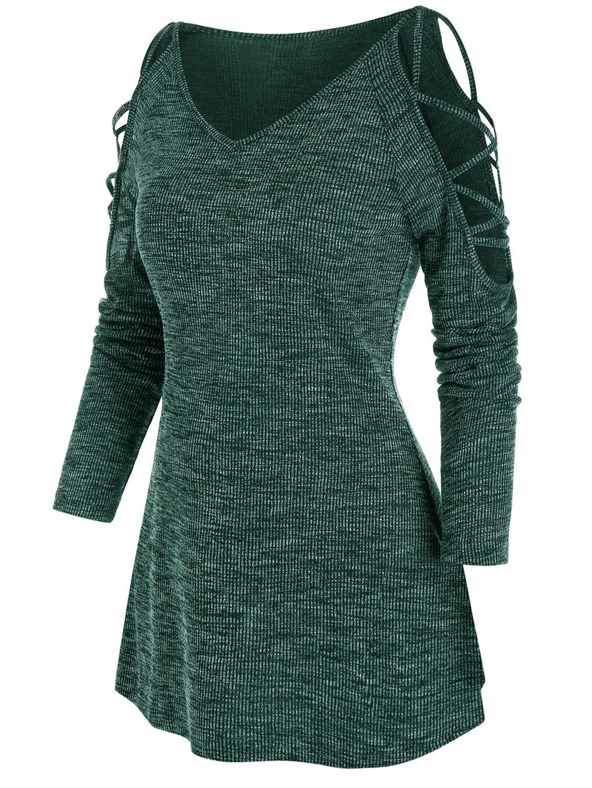 

Cold Shoulder Criss-cross Heathered Ribbed T-shirt, Deep green