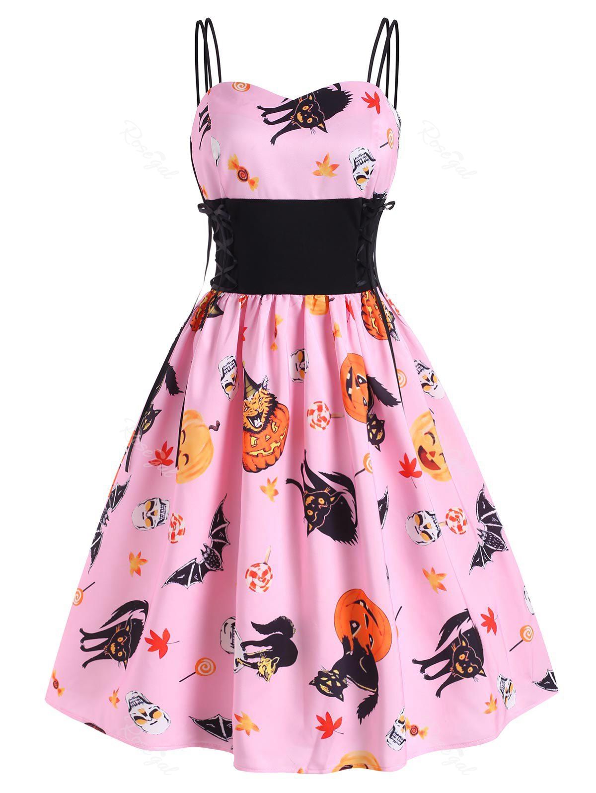 Best Halloween Pumpkin Cat Skull Print Lace Up Dress  