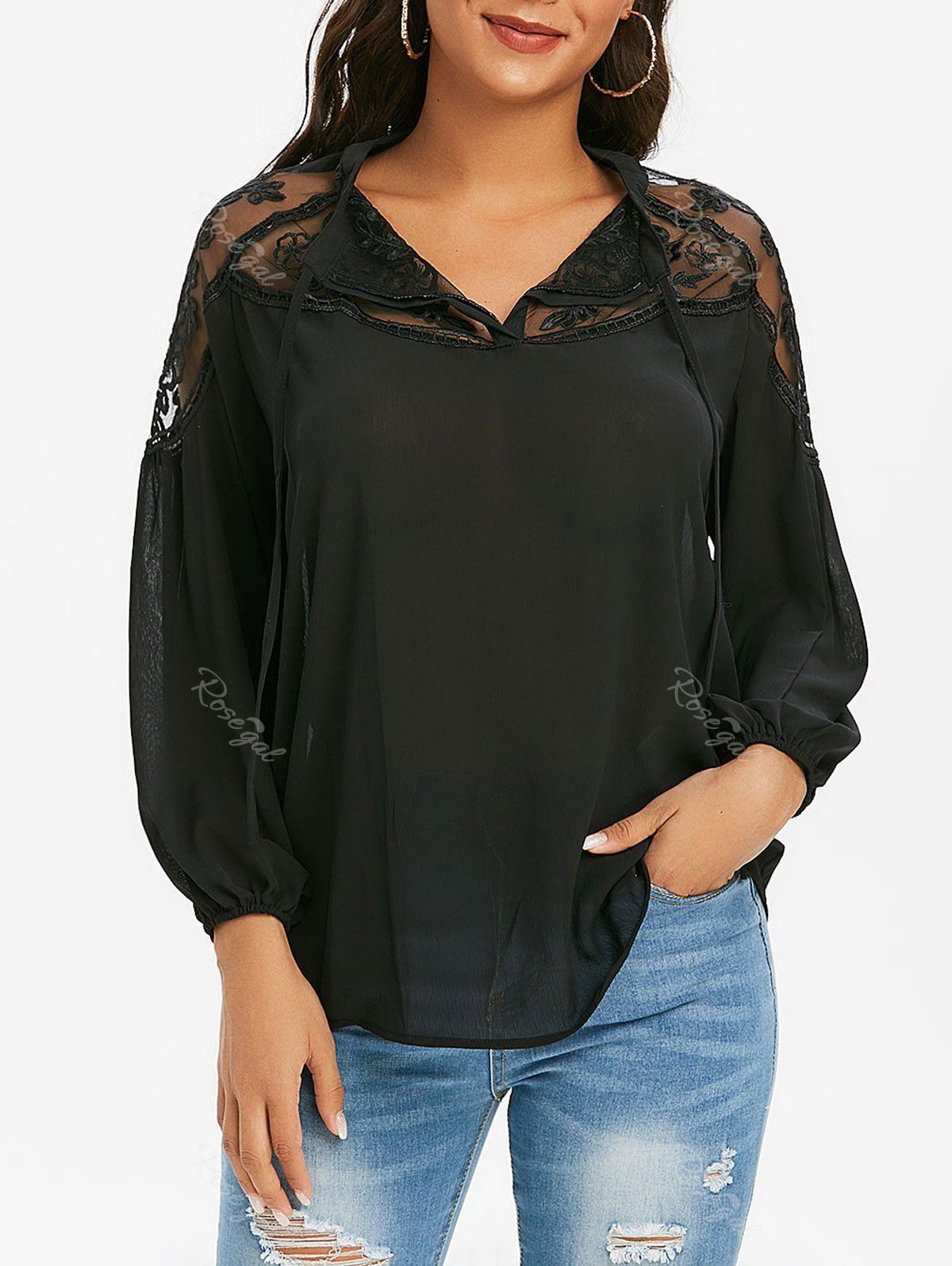 Fancy Mesh Embroidered Tie Front Casual Blouse  