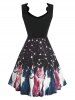 Scalloped Stars Cat Print Knee Length Dress -  