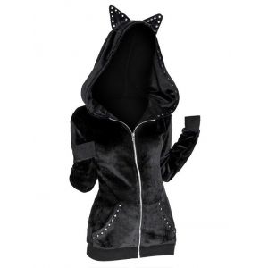 

Grommet Trim Animal Ear Gothic Hooded Jacket, Black