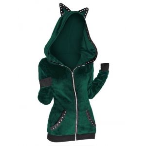 

Grommet Trim Animal Ear Gothic Hooded Jacket, Deep green