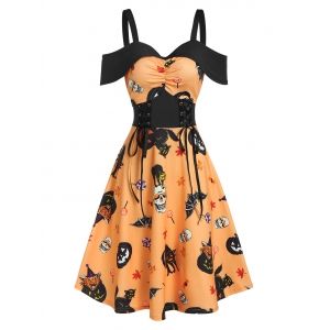 

Halloween Pumpkin Animal Print Cold Shoulder Midi A Line Dress, Bee yellow