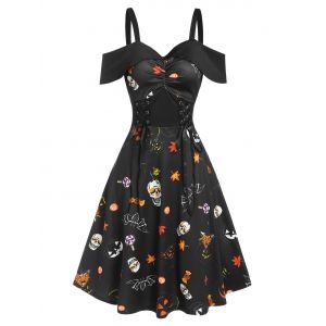 

Halloween Pumpkin Animal Print Cold Shoulder Midi A Line Dress, Black