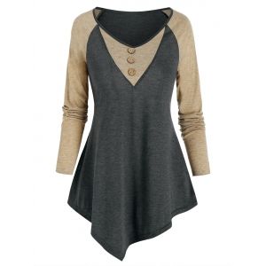 

Raglan Sleeve Asymmetric Contrast T-shirt, Dark slate grey
