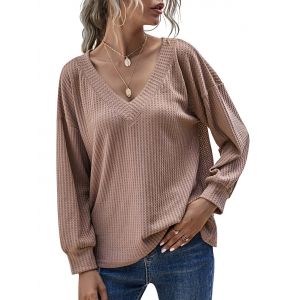 

V Neck Honeycomb Drop Shoulder Knitwear, Light pink