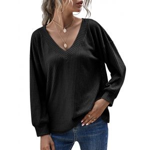 

V Neck Honeycomb Drop Shoulder Knitwear, Black