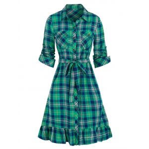 

Plaid Print Double Pockets Flounced Belted Shirt Dress, Blue hosta