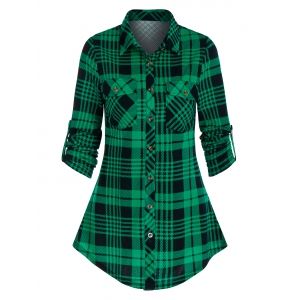 

Button Up Plaid Print Double Pockets Shirt, Deep green