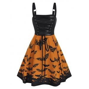 

Lace Up Bat Print Mini Cami Dress, Halloween orange