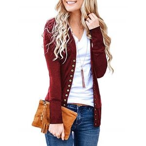 

V Neck Snap Button Front Jersey Cardigan, Deep red