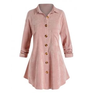 

Plus Size Corduroy Pocket Curved Hem Shirt Jacket, Pig pink
