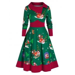 

Plus Size Christmas Snowflake Santa Claus Long Sleeve Dress, Sea green