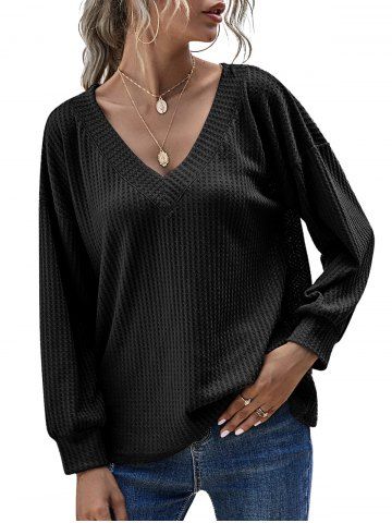 V Neck Honeycomb hombro géneros de punto de gota - BLACK - M