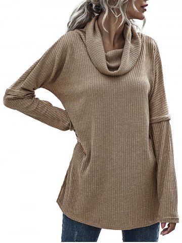 Cowl Neck Rib-knit Side Slit Tunic Knitwear - COFFEE - M