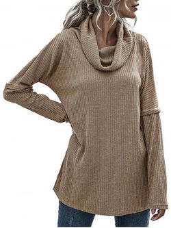Cowl Neck Rib-knit Side Slit Tunic Knitwear - COFFEE - M