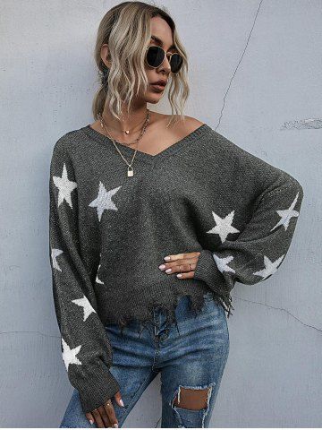 

V Neck Sharkbite-trim Stars Graphic Sweater, Gray