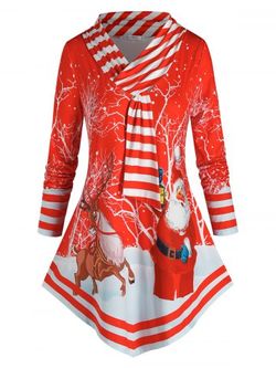 Plus Size Christmas Santa Claus Striped Elk Print Tunic Tee - RED - L