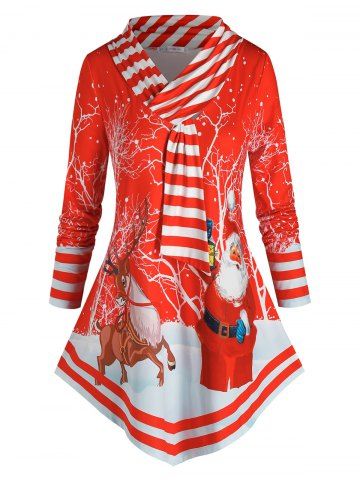 Plus Size Christmas Santa Claus Striped Elk Print Tunic Tee - RED - 1X