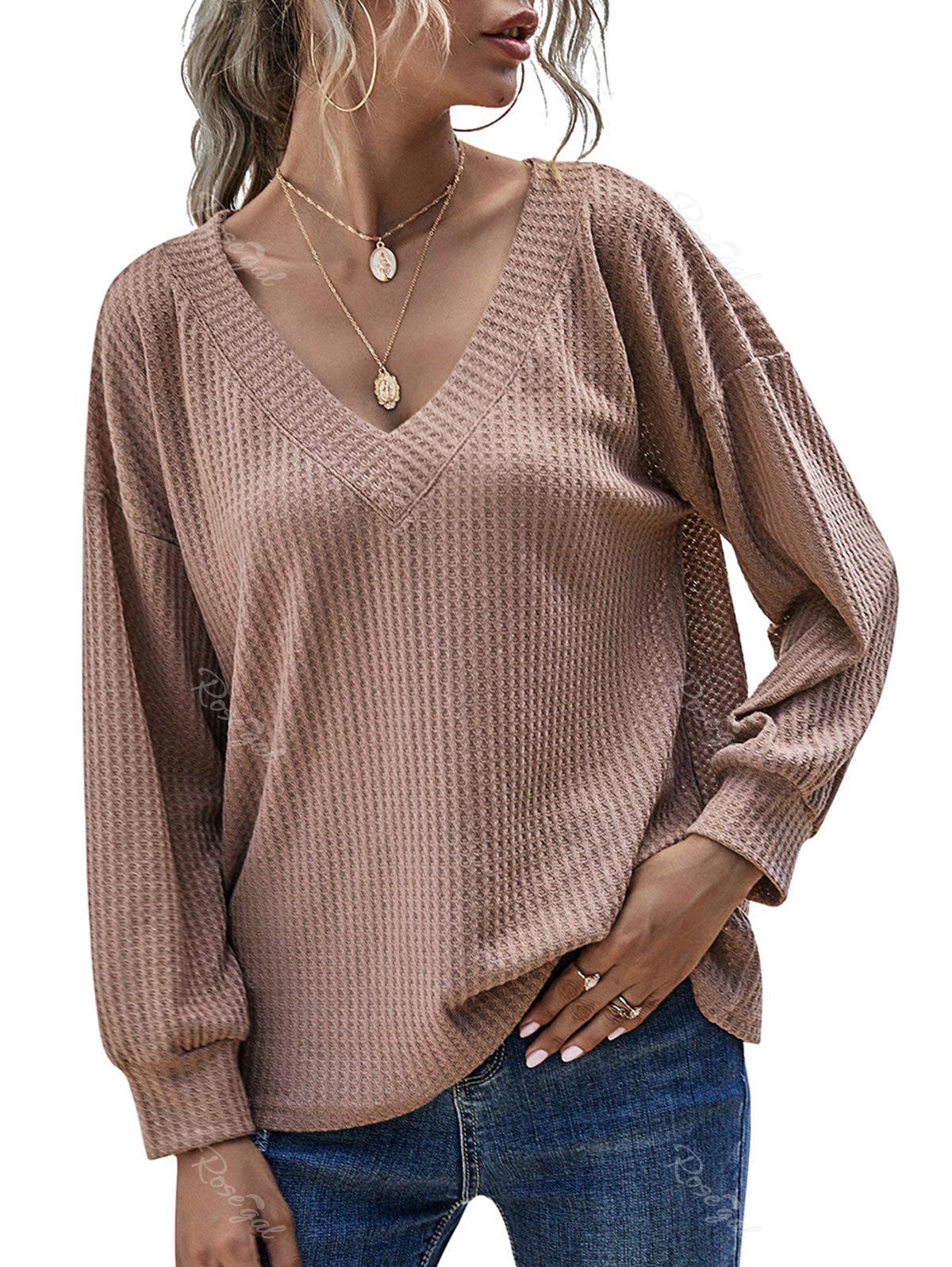 

V Neck Honeycomb Drop Shoulder Knitwear, Light pink