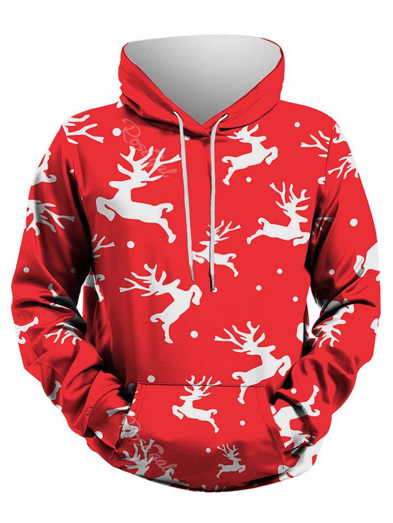 

Front Pocket Christmas Elk Print Plus Size Hoodie, Red