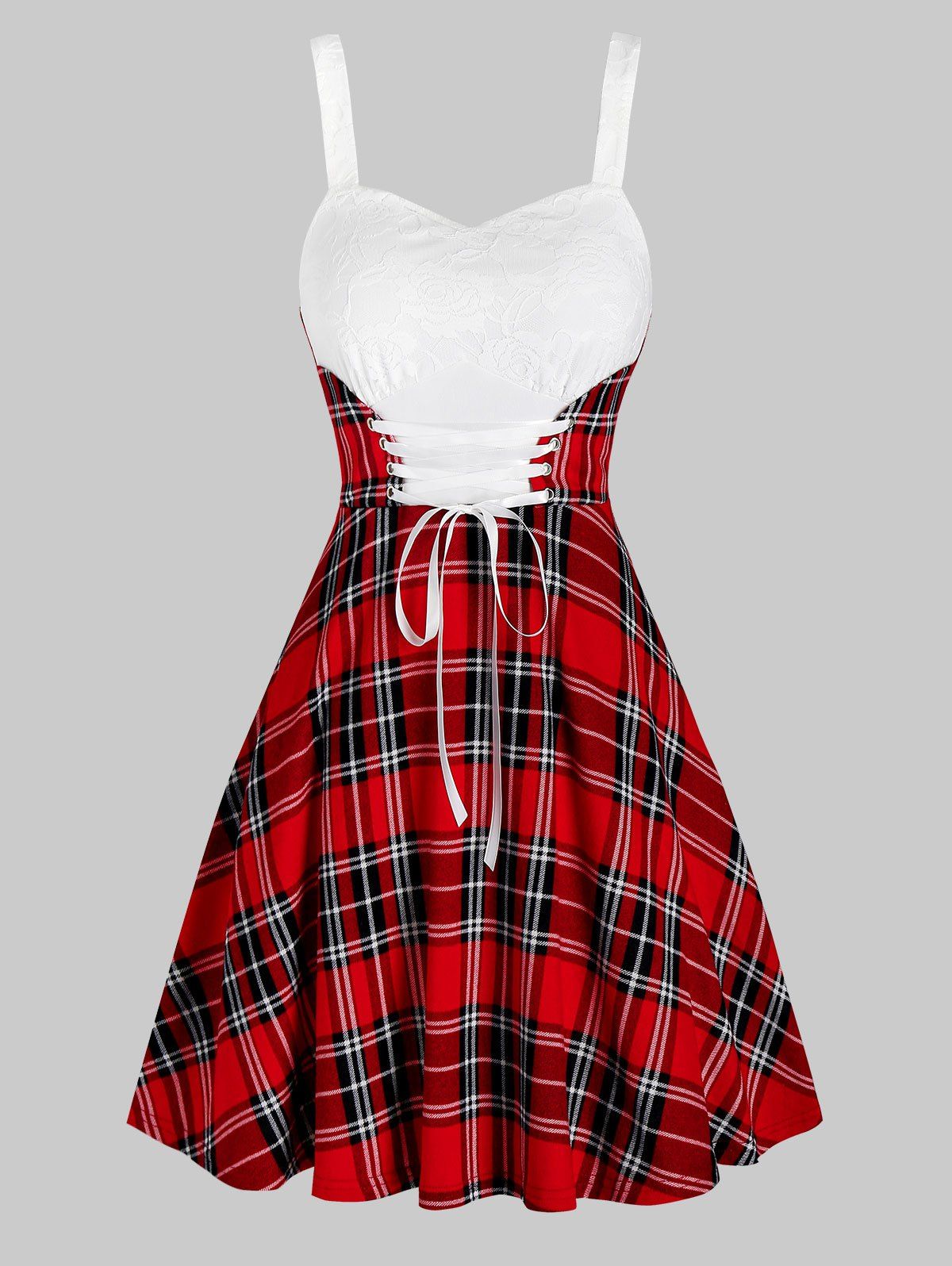

Lace Insert Plaid Print Lace-up Sleeveless Dress, Red