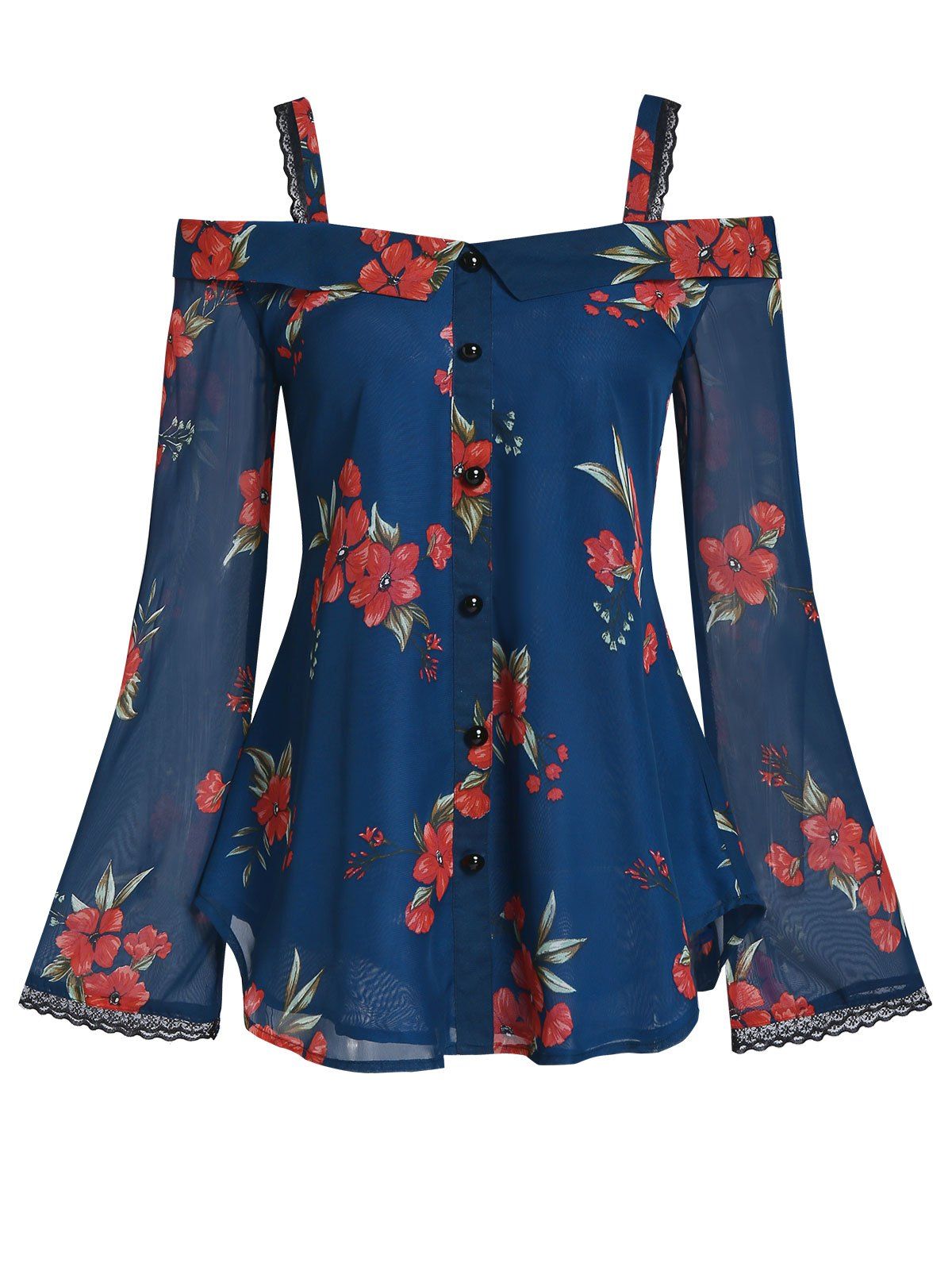 

Floral Print Mock Button Cold Shoulder Blouse, Blueberry blue