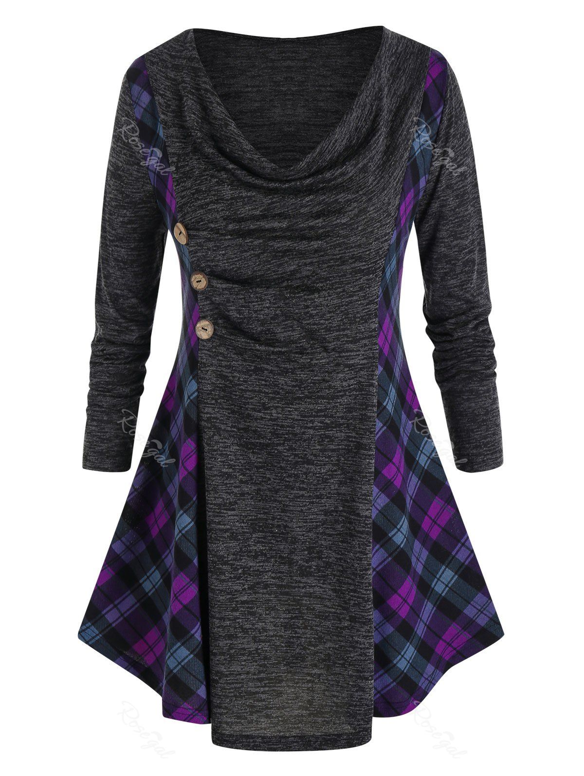 

Plus Size Space Dye Plaid Draped Curved Hem Tee, Carbon gray