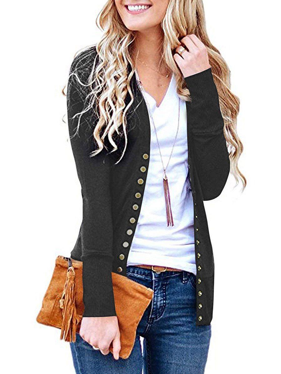 

V Neck Snap Button Front Jersey Cardigan, Black