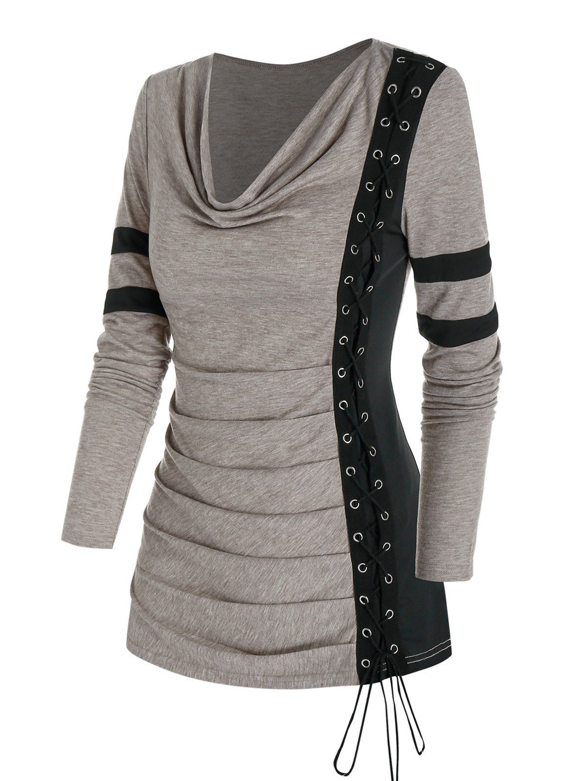 

Cowl Neck Lace Up Eyelet Ruched Tee, Light coffee