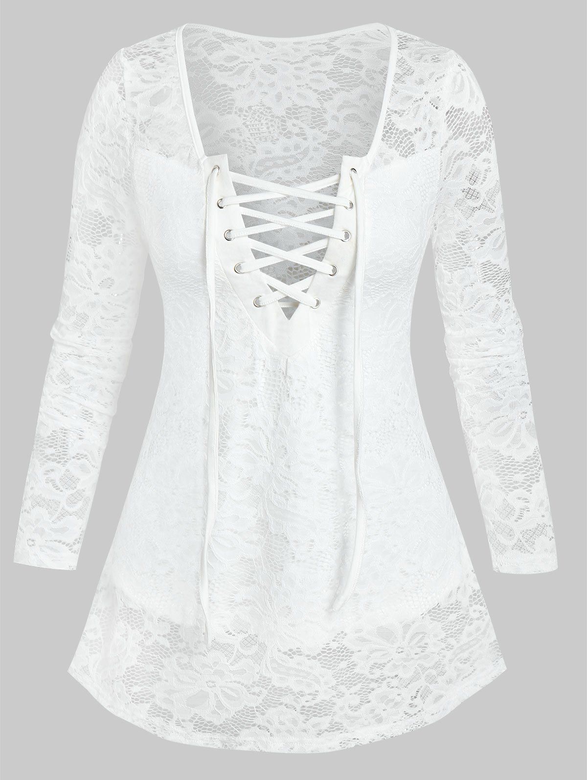 

Lace-up Front Notched Flower Lace Top, White