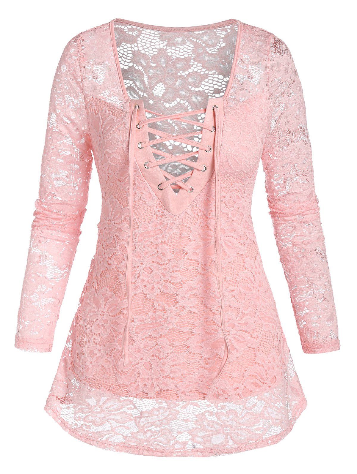 

Lace-up Front Notched Flower Lace Top, Pig pink