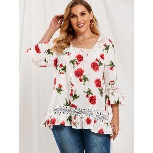 

Plus Size Ruffle Floral Pattern Lace Splicing Blouse, White