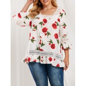 

Plus Size Ruffle Floral Pattern Lace Splicing Blouse, White