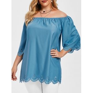 

Laser Cut Off Shoulder Scalloped Trim Plus Size Blouse, Blue