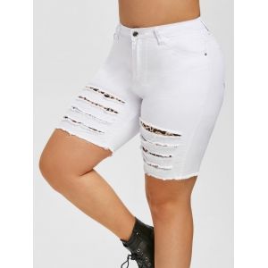 

Distressed Leopard Panel Plus Size Denim Bermuda Shorts, White