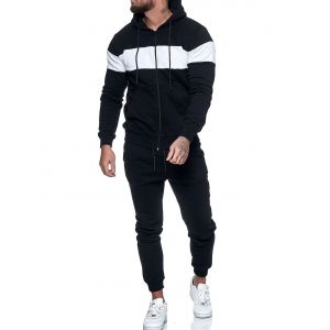 

Contrast Zip Up Hoodie Jacket and Pants Sports Two Piece Set, Black