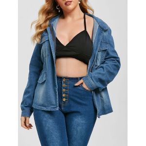 

Flap Pockets Zip Up Ripped Denim Plus Size Jacket, Blue