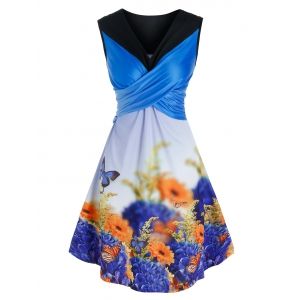 Crossover Butterfly Floral Print Dress, Blue