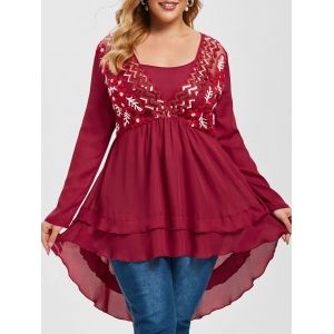 

Plus Size Embroidered Mesh Sequins High Low Surplice Top, Deep red