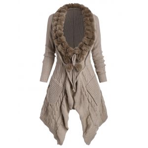 

Faux Fur Collar Pocket Cable Knit Tie Front Cardigan, Light coffee