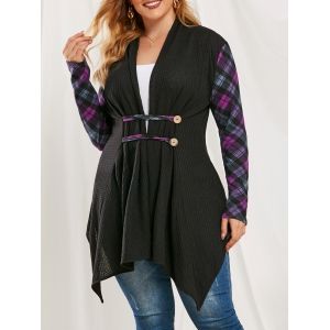 

Plus Size Hanky Draped Plaid Collarless Knit Cardigan, Purple iris