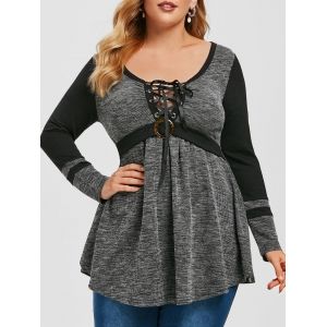 

Plus Size Marled Ribbed Lace-up Tunic Sweater, Black