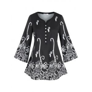 

Plus Size Flower Print Placket Wide Sleeve Tunic Tee, Black